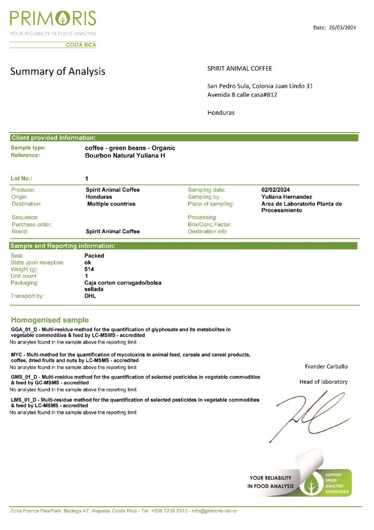 Spirit Animal Coffee Mycotoxin-Free Lab Test Report