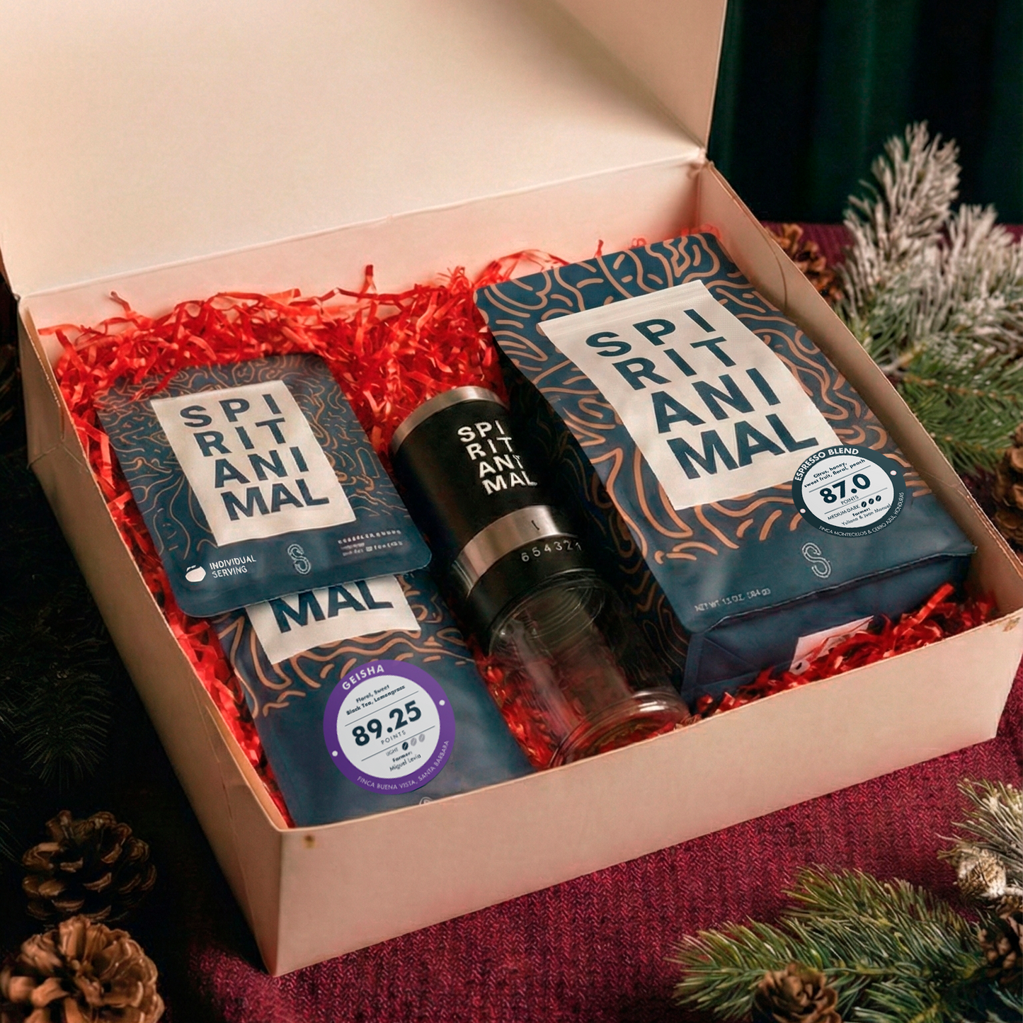 Holiday Gift Box: Espresso Blend Coffee + Geisha Sample Bag + Bourbon Drip Bag + Grinder