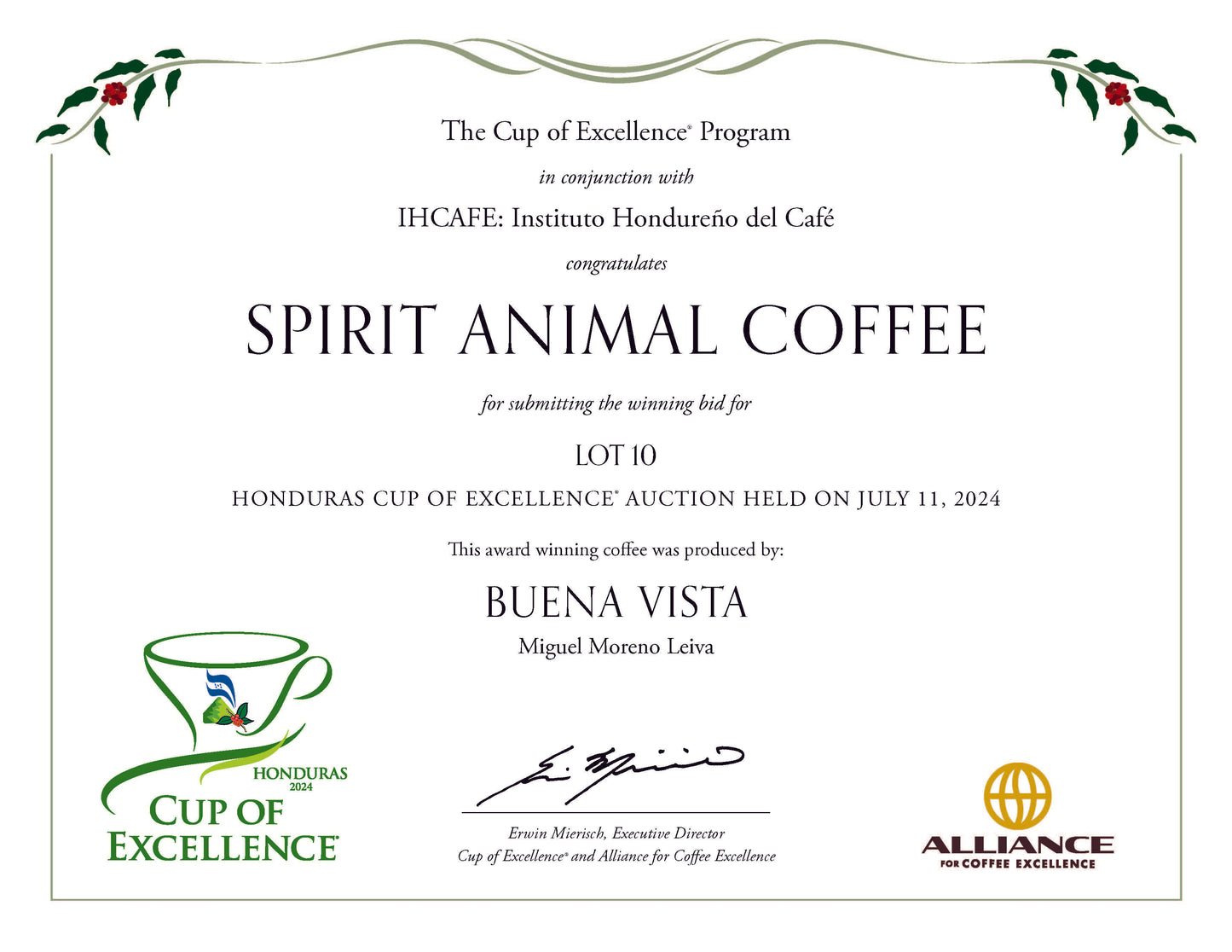 Official Cup of Excellence 2024 winner certificate for Spirit Animal Coffee's Geisha coffee.